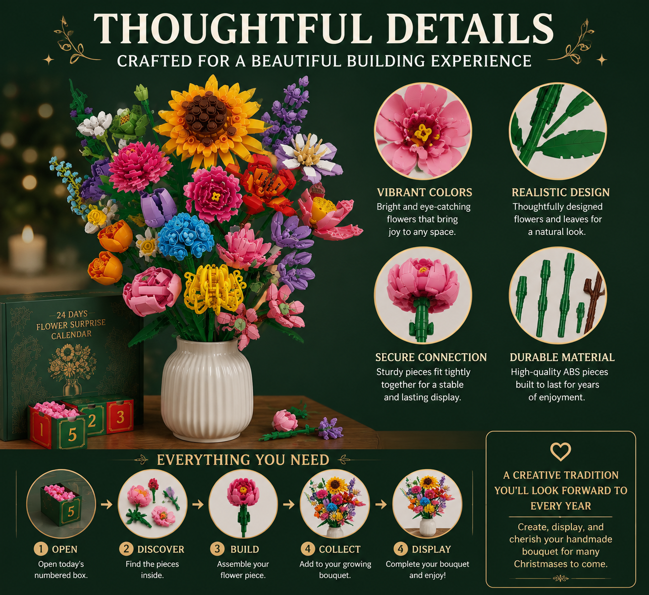 🌸 CHRISTMAS FAVORITE | Flower Building Blocks Advent Calendar – 24 Daily Surprises That Become a Decorative Bouquet