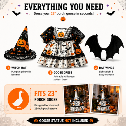 🎃 Halloween Porch Goose Outfit – Witch Goose Costume with Hat & Wings for 23" Lawn Goose