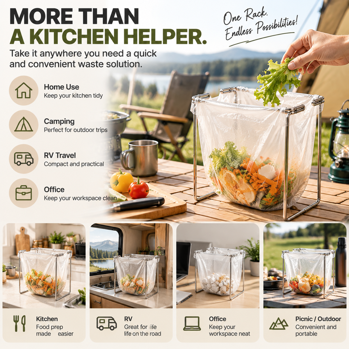 🗑️ HOT SALE | Foldable Countertop Trash Bag Holder – Stainless Steel Kitchen Waste Rack for Grocery Bags & Food Scraps