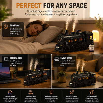 🚂 Retro Train Aroma Diffuser – 300ml Mist Humidifier With Ambient Lights