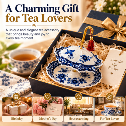 🍵 Ceramic Tea Strainer with Saucer – Blue & White Umbrella Loose Leaf Tea Filter