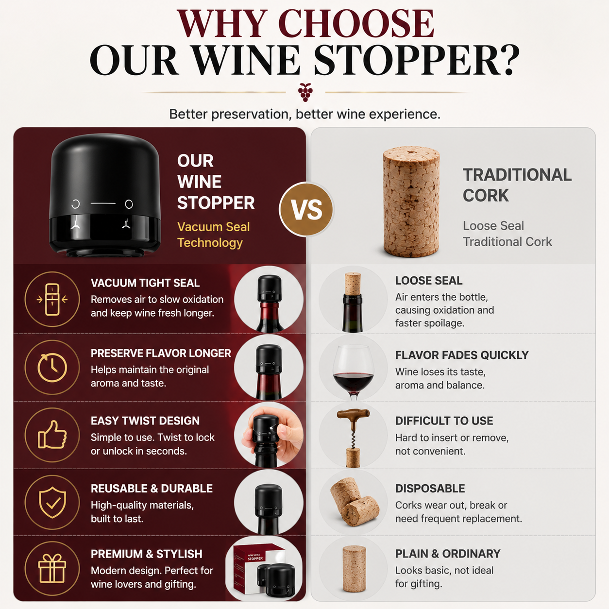 🍷 Premium Vacuum Wine Stopper – Keep Wine Fresh Longer with Airtight Seal