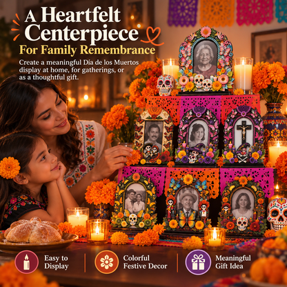 💀 DAY OF THE DEAD DECOR | 6 Wooden Memorial Photo Frames – Colorful Ofrenda Picture Frame Set with Floral Details