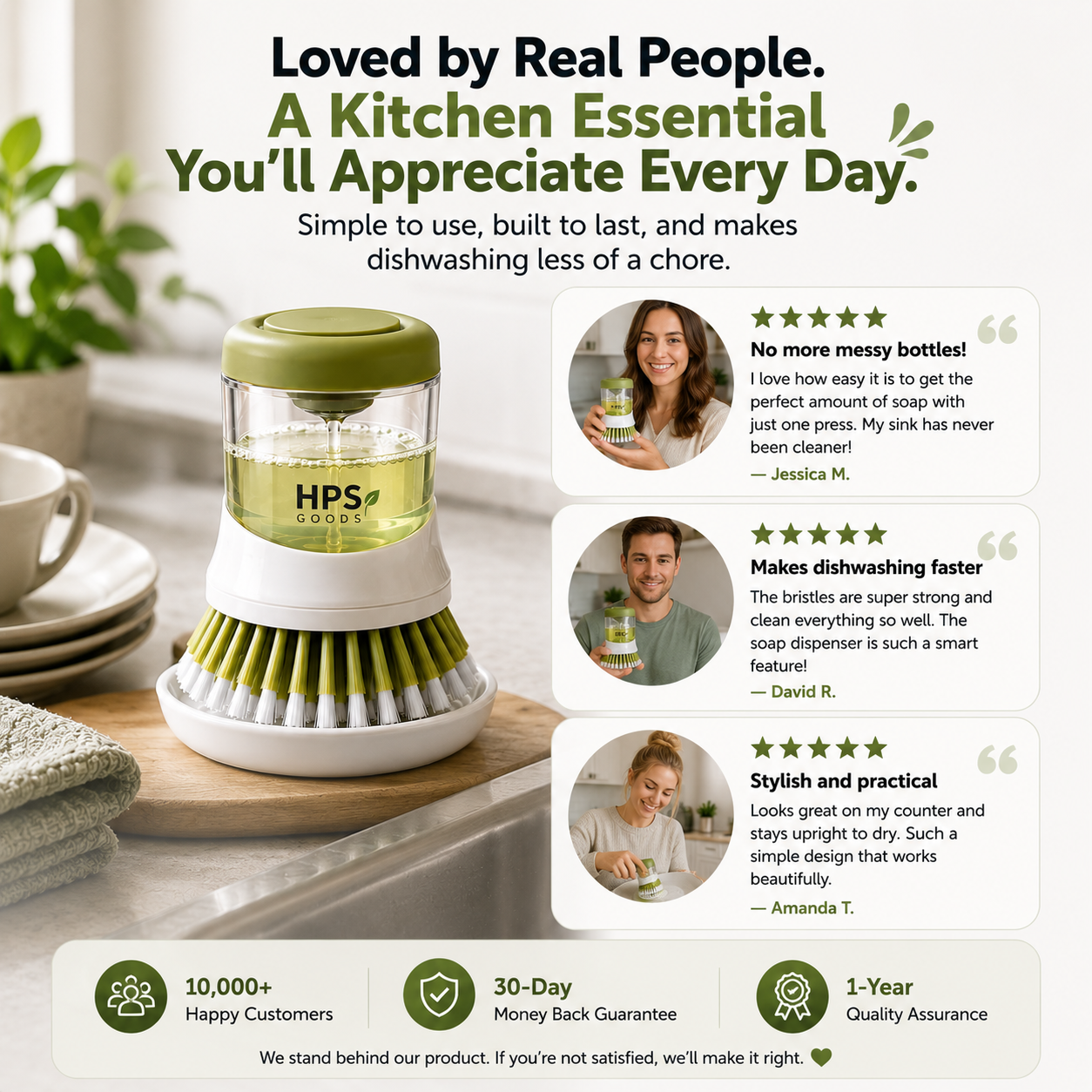 🧼 Press-to-Dispense Dish Brush with Storage Base – Cleaner Sink, Easier Dishwashing