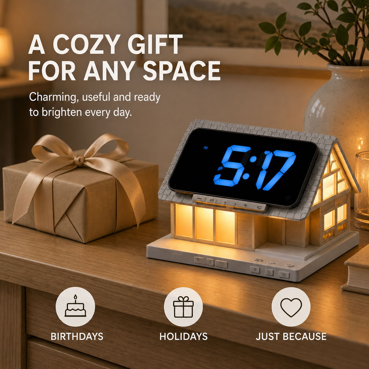 🏡✨ Cozy Cabin 4-in-1 Bedside Station – Alarm Clock, Night Light, White Noise & Wireless Charger