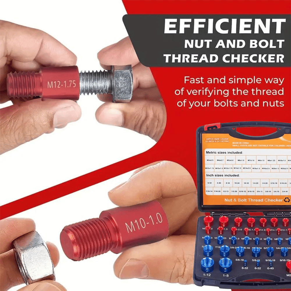 📏 Portable Bolt & Nut Size Gauge – 44-Piece Inch & Metric Thread Checker, Clear Markings, Stainless Steel, Tool Box Included