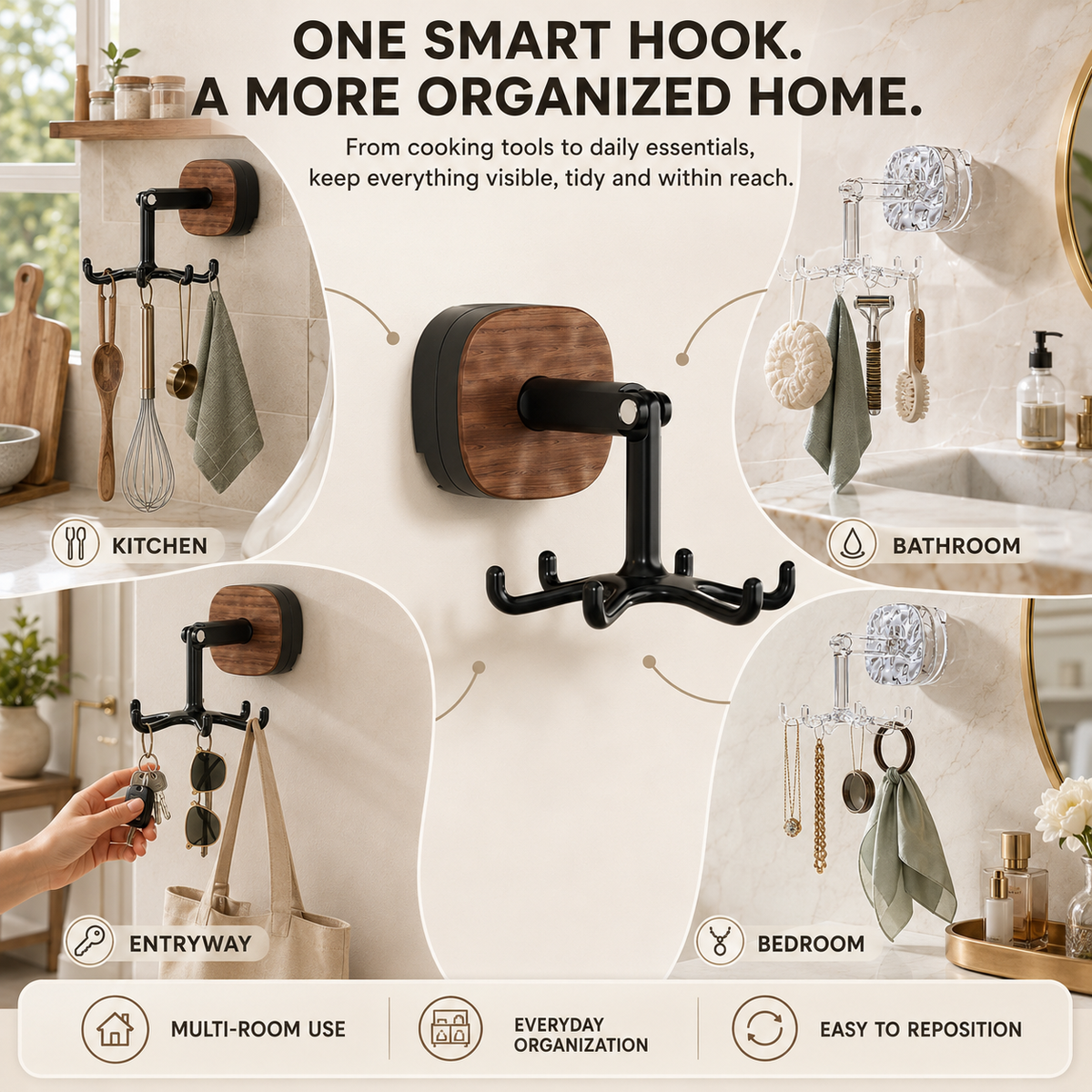 360° Rotating 6-Hook Suction Organizer – No-Drill Space-Saving Storage🪝