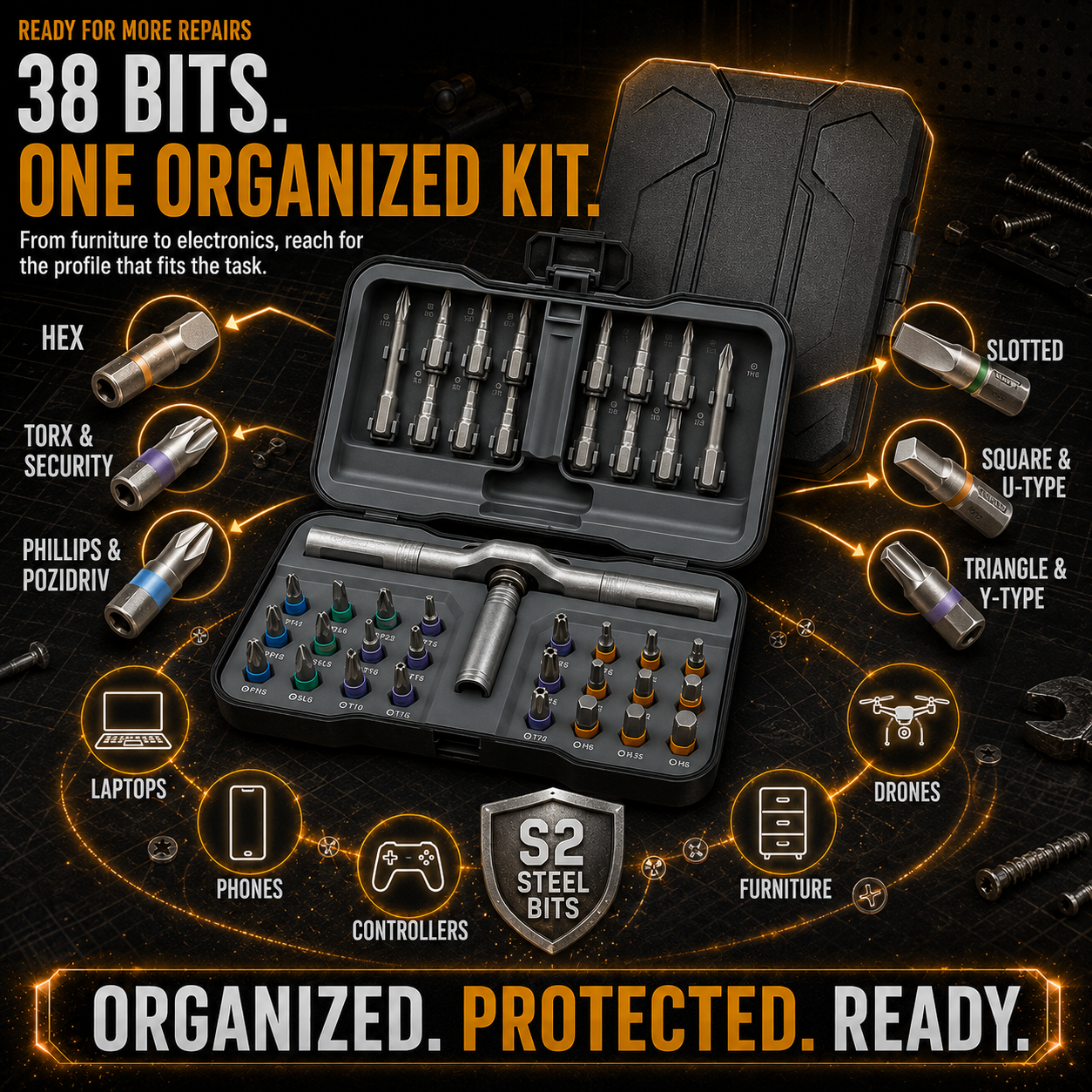 🔧 38-Bit 3-in-1 Adjustable Ratcheting Screwdriver Set for Tight Spaces