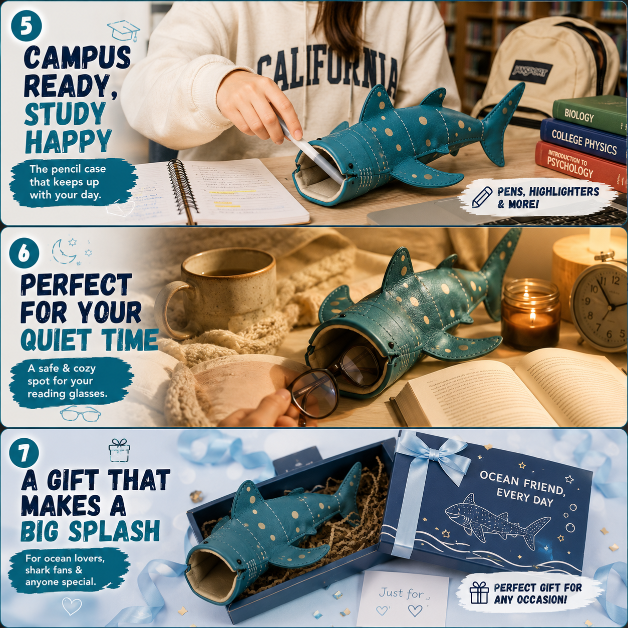 🌊 OCEAN LOVER FAVORITE | 3D Whale Shark Storage Pouch – Cute Desk Organizer, Pencil Case & Eyewear Holder