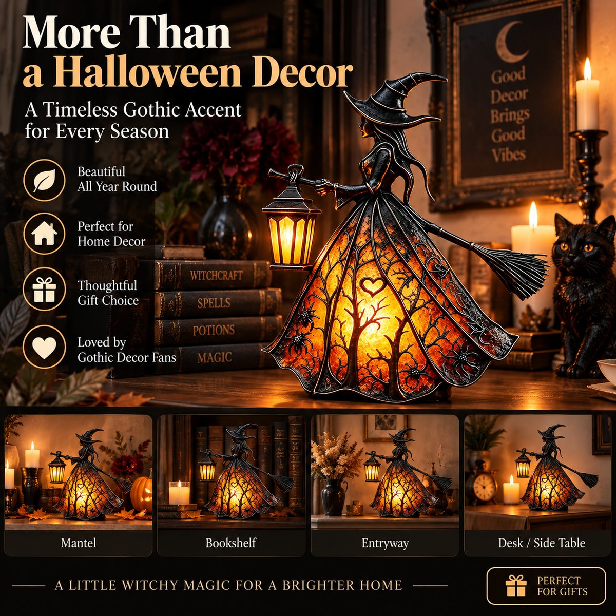 🧙‍♀️ HOT SALE | 7-Inch Lighted Gothic Witch Lantern – Warm LED Halloween Figurine for Mantel, Shelf & Table Decor