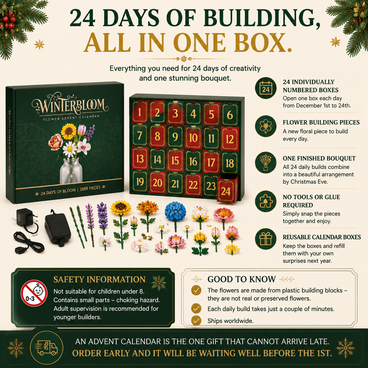 🎄 LIMITED CHRISTMAS DEAL | 24-Day Flower Advent Calendar – One Daily Build, One Finished Bouquet