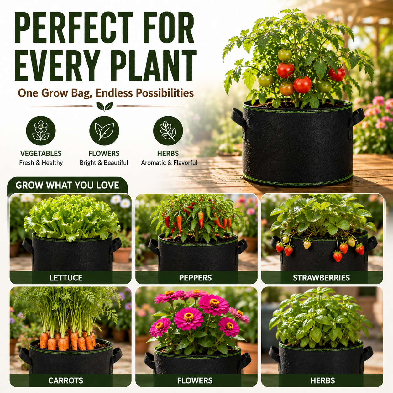 Premium Fabric Grow Bags – Breathable Planting Bags For Healthier Roots & Bigger Harvests