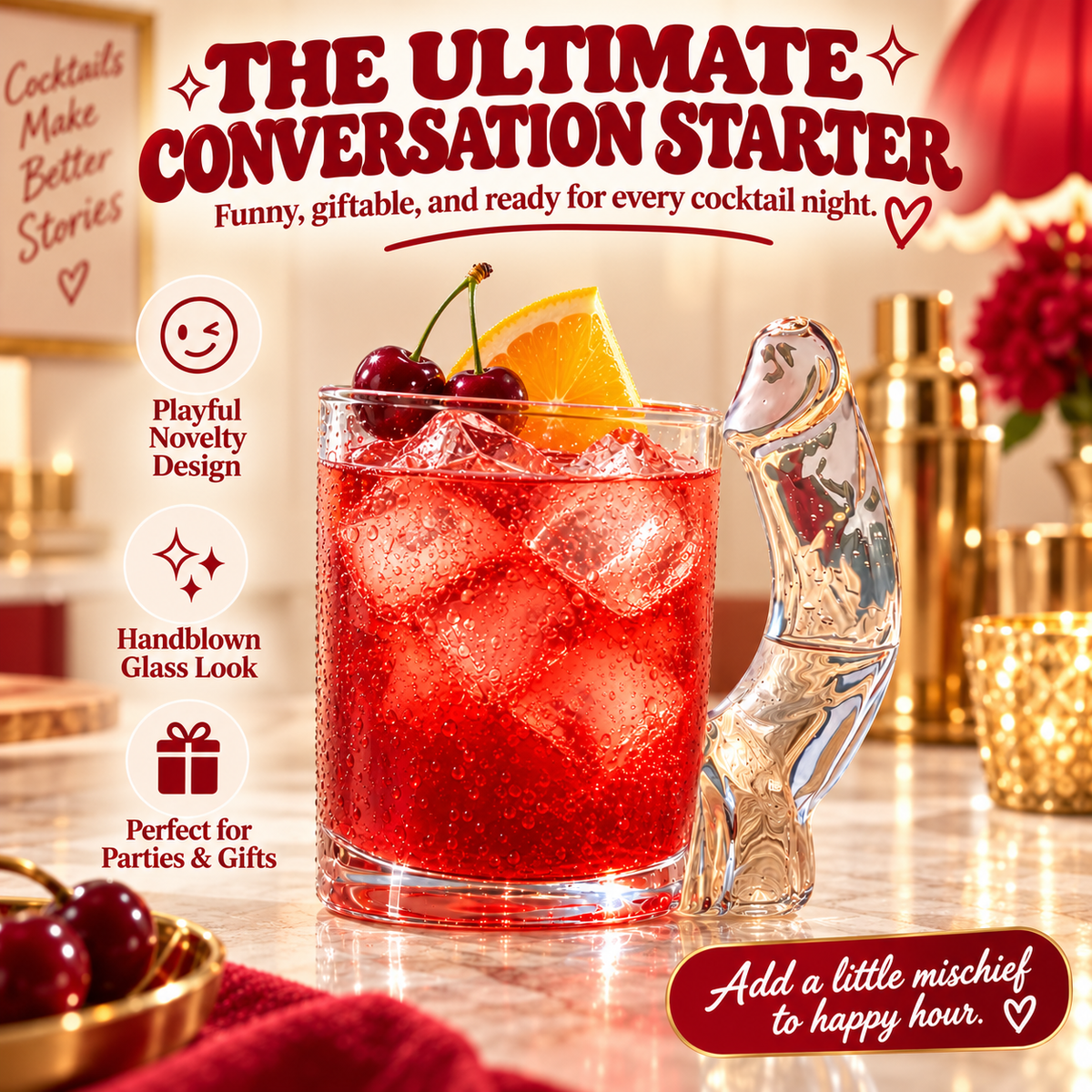 🍸 HOT SALE | Funny Novelty Glass Mug – Cheeky Sculpted Handle Drinking Glass for Parties, Birthdays & Gifts