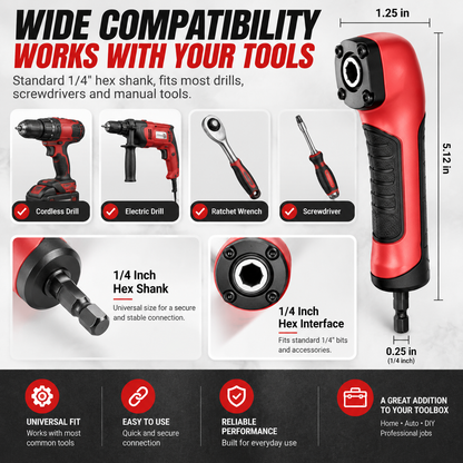 ⚙️ TIGHT SPACE DRILL ADAPTER | 90 Degree Right Angle Attachment for Drills & Screwdrivers with 1/4" Hex Shank