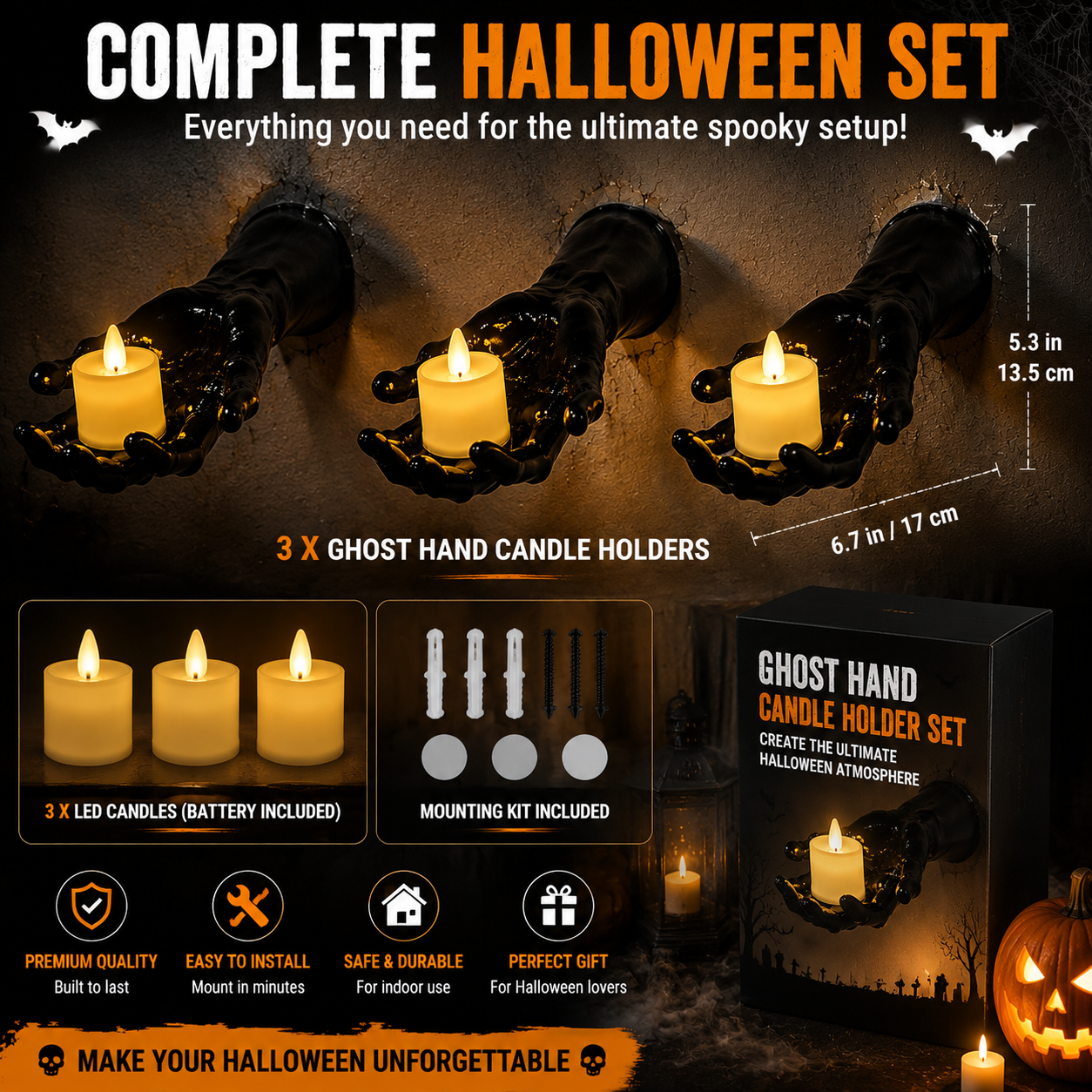 🔥 FLASH SALE 50% OFF – Ghost Hand LED Candle Holders | Halloween Gothic Wall Decor Set of 3