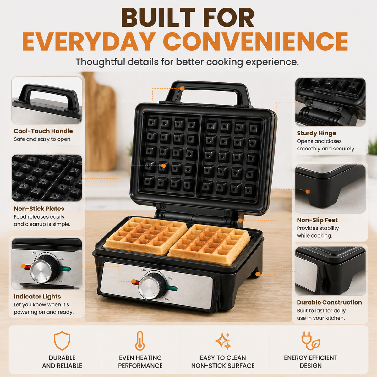 🧇 Belgian Waffle Maker | Thick Crispy Homemade Waffles With Non-Stick Plates