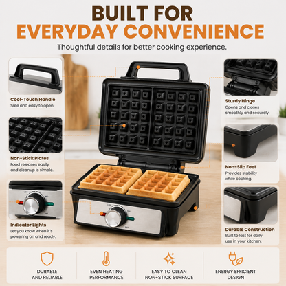 🧇 Belgian Waffle Maker | Thick Crispy Homemade Waffles With Non-Stick Plates