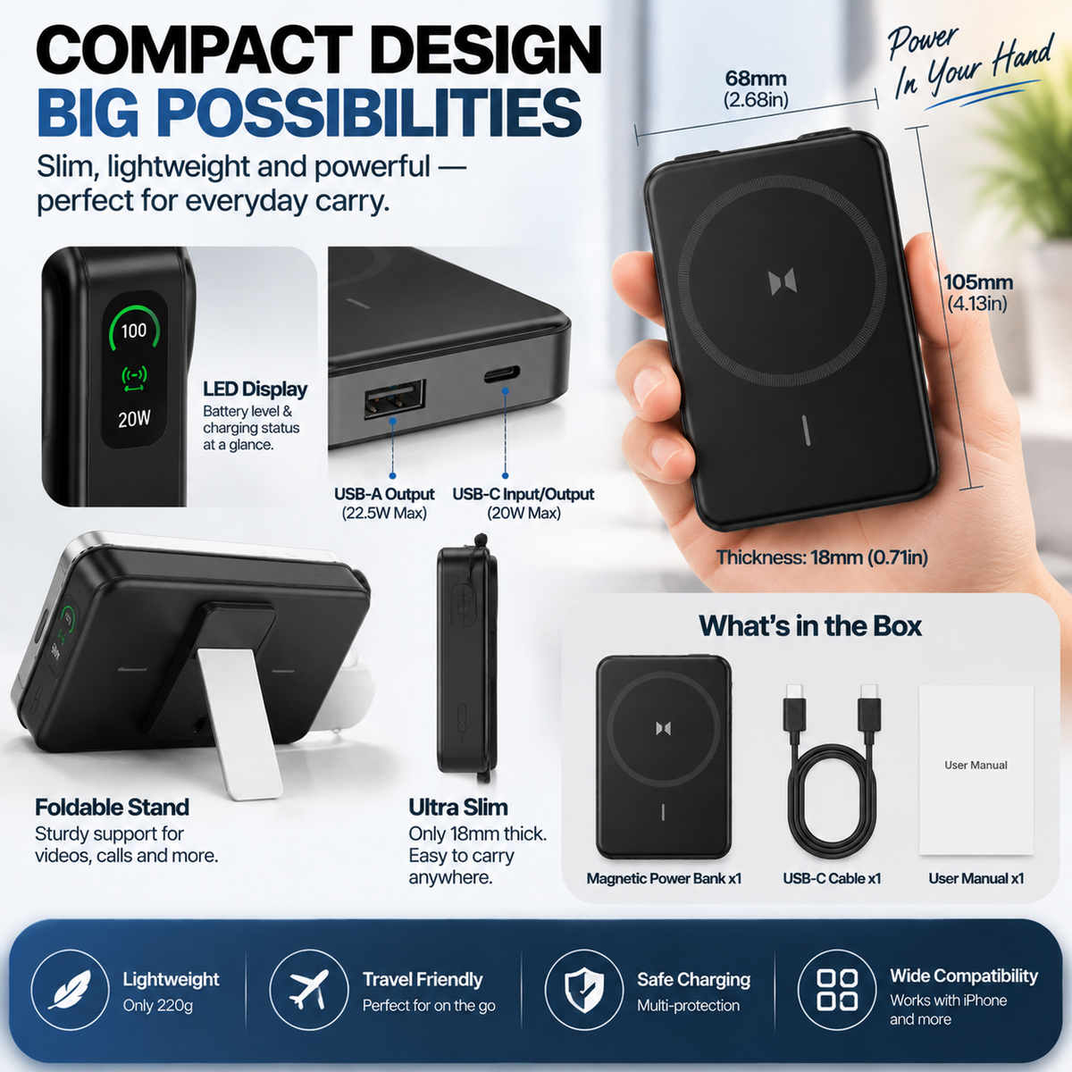 🧲 HOT SALE | Magnetic Wireless Power Bank – Portable Charger with Phone Stand & Battery Display for Travel