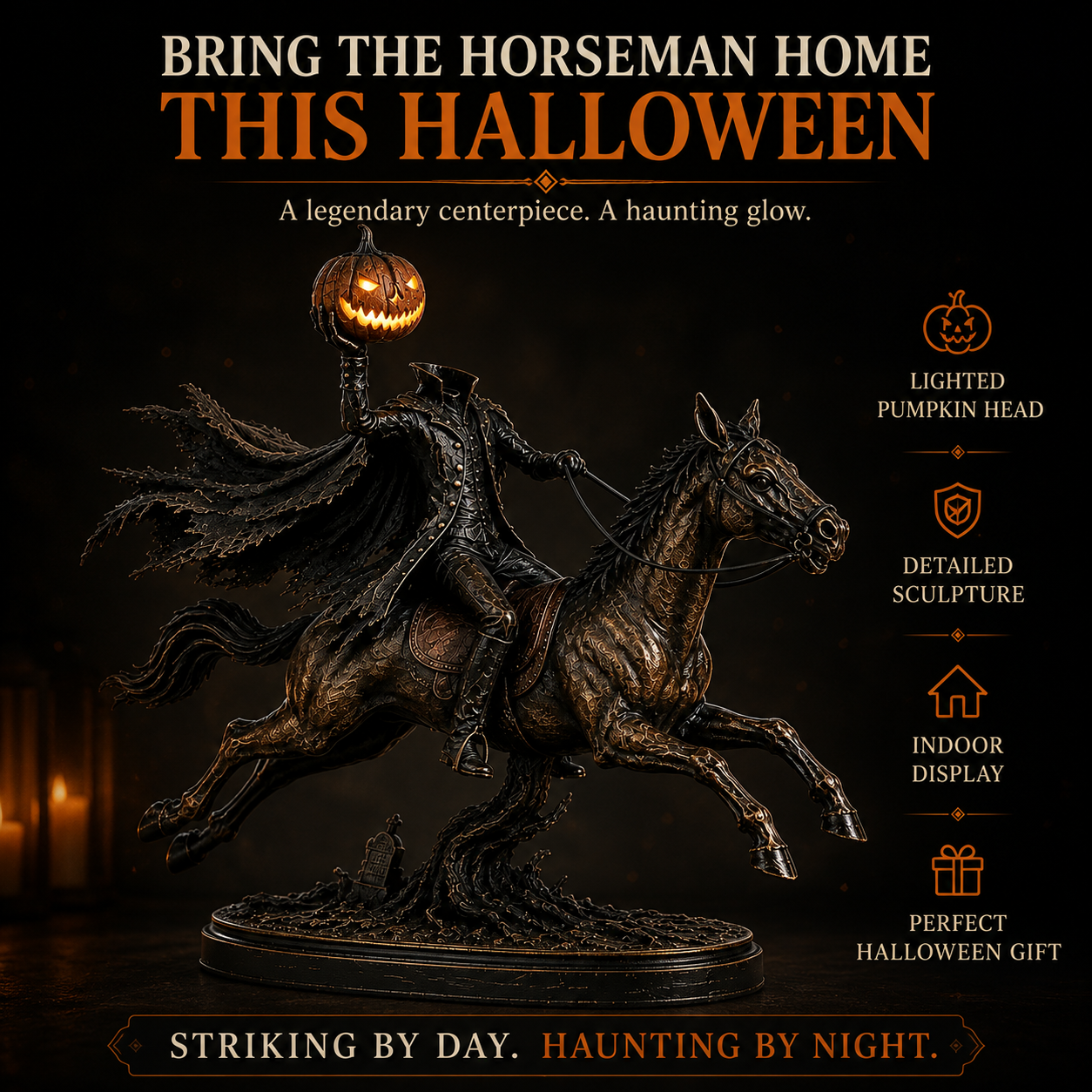 🎃 HOT SALE | Lighted Headless Horseman Statue – LED Pumpkin Halloween Decor for Mantel, Desk & Home
