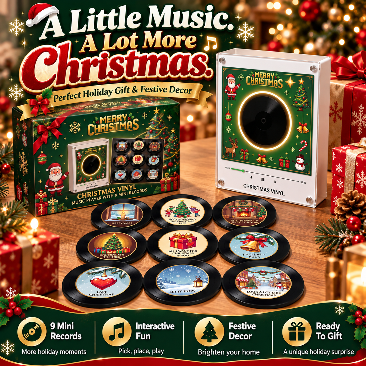 Christmas Music Fridge Decor 🎄 Interactive Mini Record Player with 9 Holiday Records