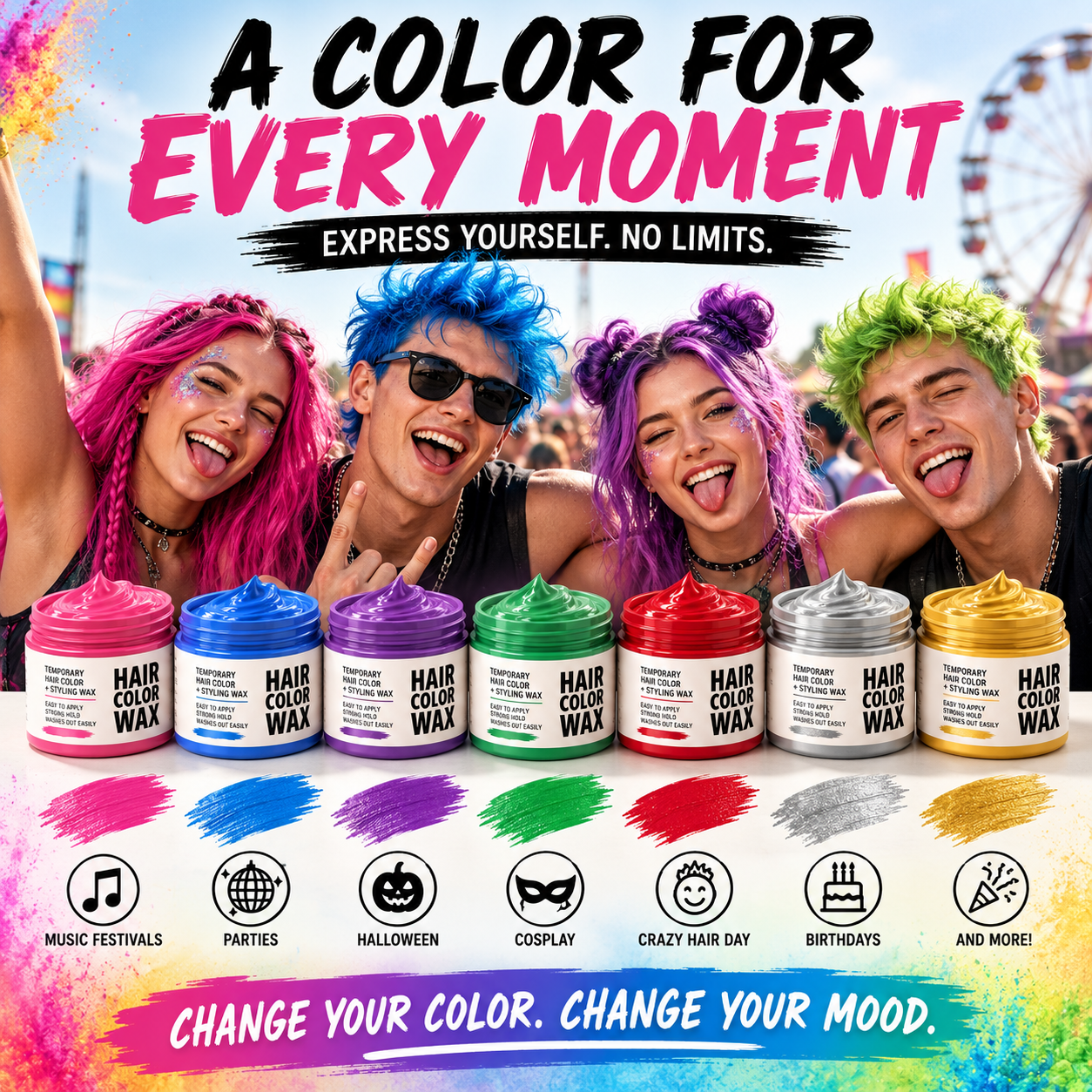 🌈 Temporary Hair Color Styling Wax | Washable Color & Strong Hold for Parties, Festivals and Cosplay
