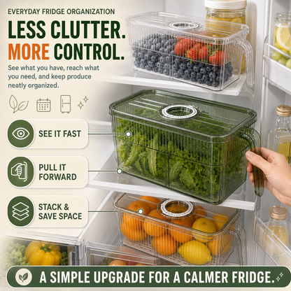🥬 Stackable Refrigerator Produce Storage Box with Date Dial, Drain Basket & Easy-Pull Handle
