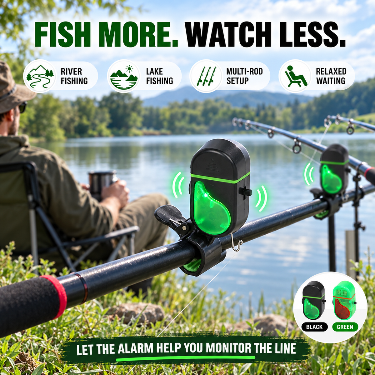 🎣 Electronic Fishing Rod Bite Alarm – High-Volume Buzzer, LED Flash & Adjustable Silicone Clamp
