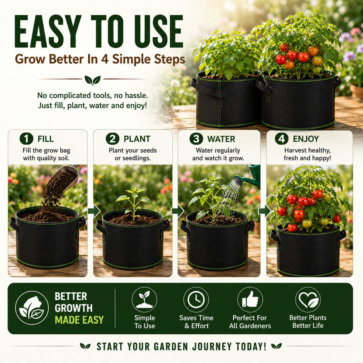 Premium Fabric Grow Bags – Breathable Planting Bags For Healthier Roots & Bigger Harvests