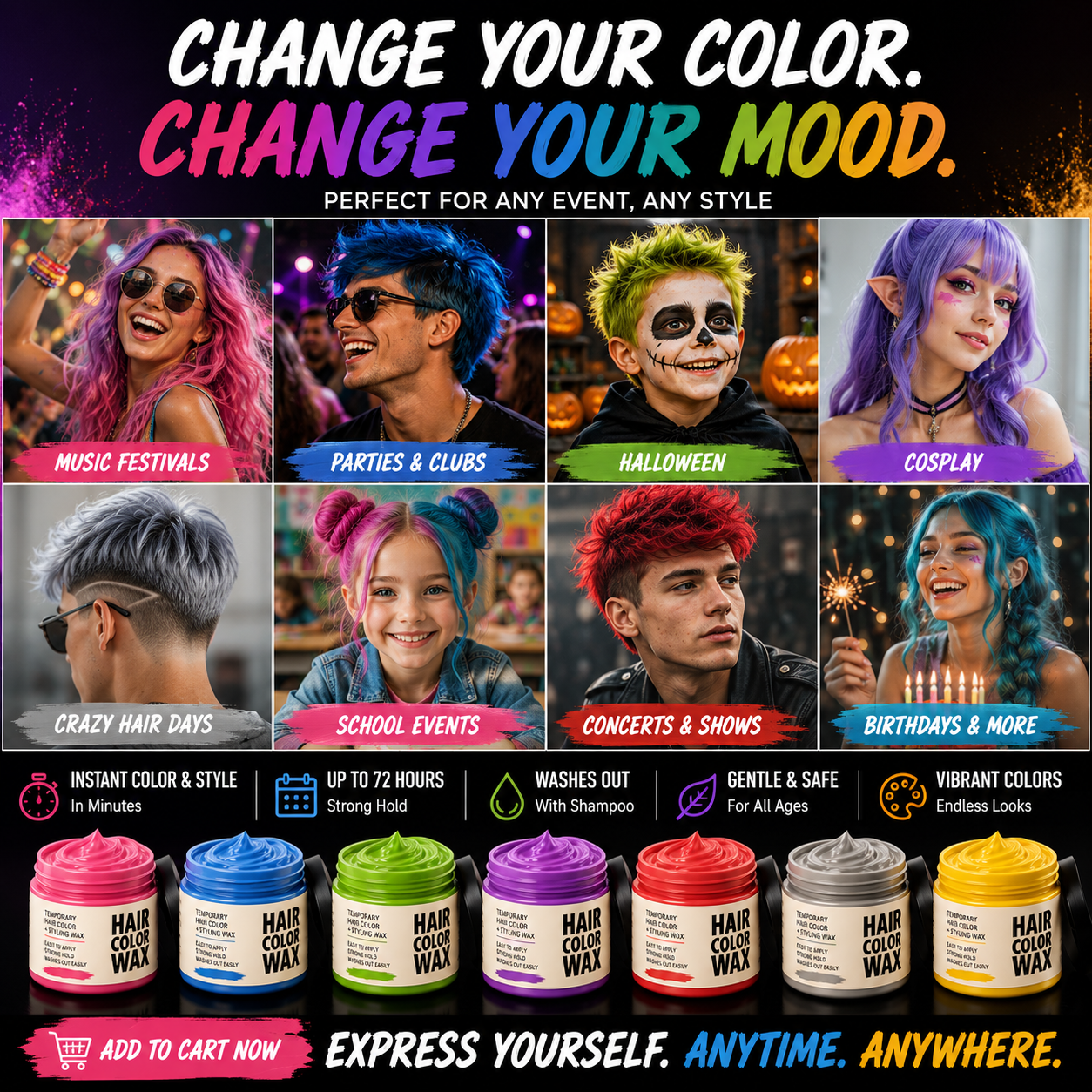 🌈 Temporary Hair Color Styling Wax | Washable Color & Strong Hold for Parties, Festivals and Cosplay