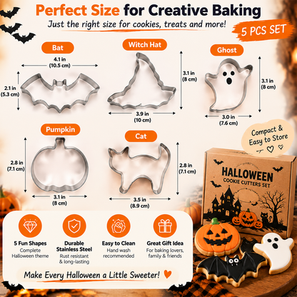 🎃 HOT SALE | 5-Piece Halloween Cookie Cutter Set – Stainless Steel Bat, Pumpkin, Ghost, Cat & Witch Hat Shapes