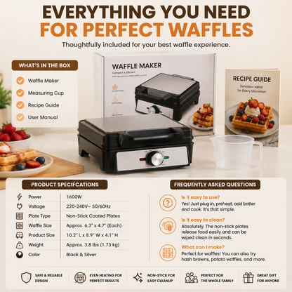🧇 Belgian Waffle Maker | Thick Crispy Homemade Waffles With Non-Stick Plates