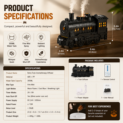 🚂 Retro Train Aroma Diffuser – 300ml Mist Humidifier With Ambient Lights