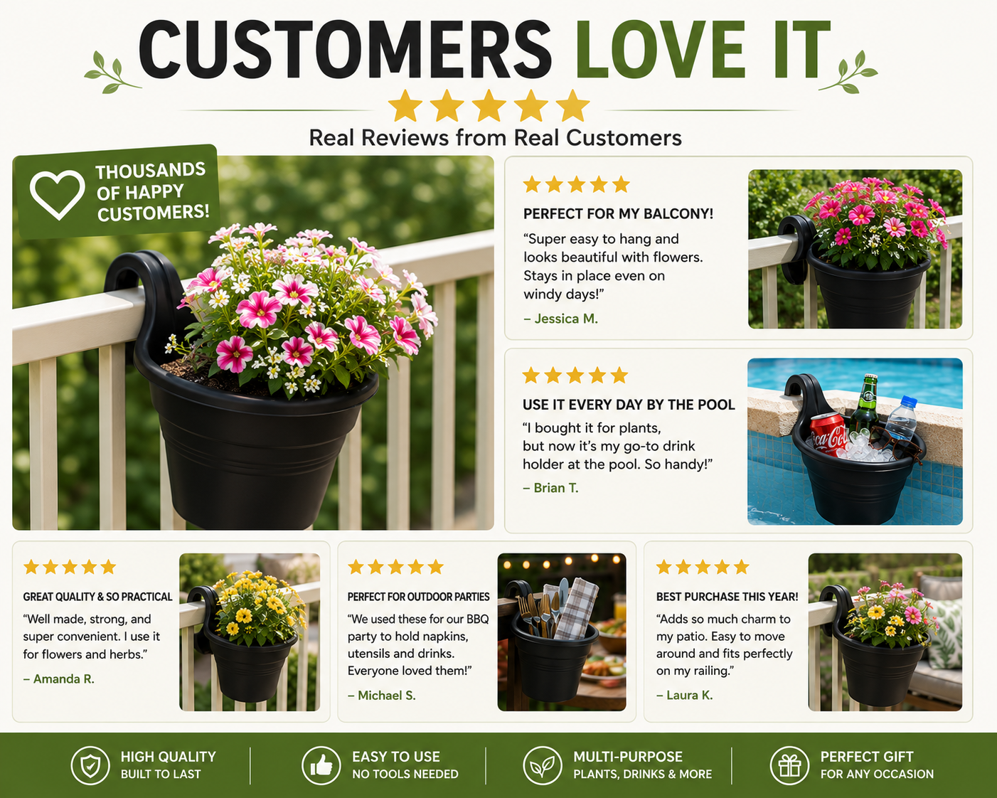 Balcony Hanging Planter – No Tools Rail Flower Pot | Space-Saving Garden Pot