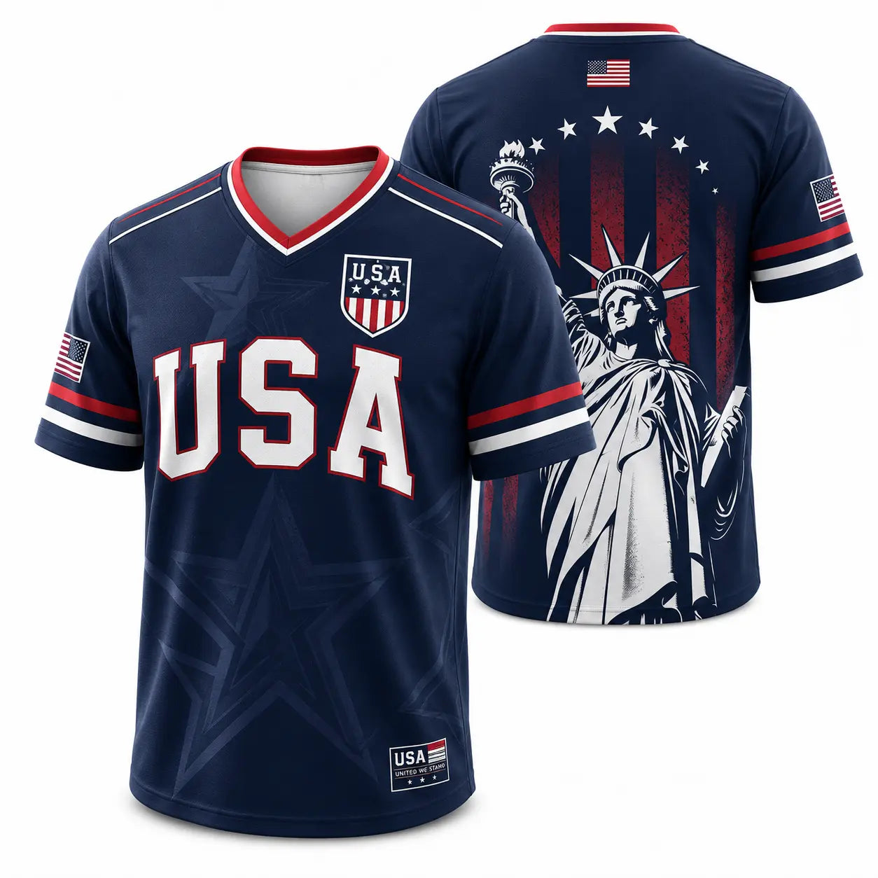 USA Soccer Jersey Men Women Navy Patriotic American Flag Football Shirt Statue of Liberty Graphic V Neck Sports Tee Red White Blue Stars Stripes Short Sleeve Athletic Top 4th of July Independence Day Fan ApparelUSA Soccer Jersey Men Women Navy Patriotic A