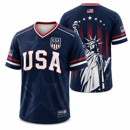 USA Soccer Jersey Men Women Navy Patriotic American Flag Football Shirt Statue of Liberty Graphic V Neck Sports Tee Red White Blue Stars Stripes Short Sleeve Athletic Top 4th of July Independence Day Fan ApparelUSA Soccer Jersey Men Women Navy Patriotic A
