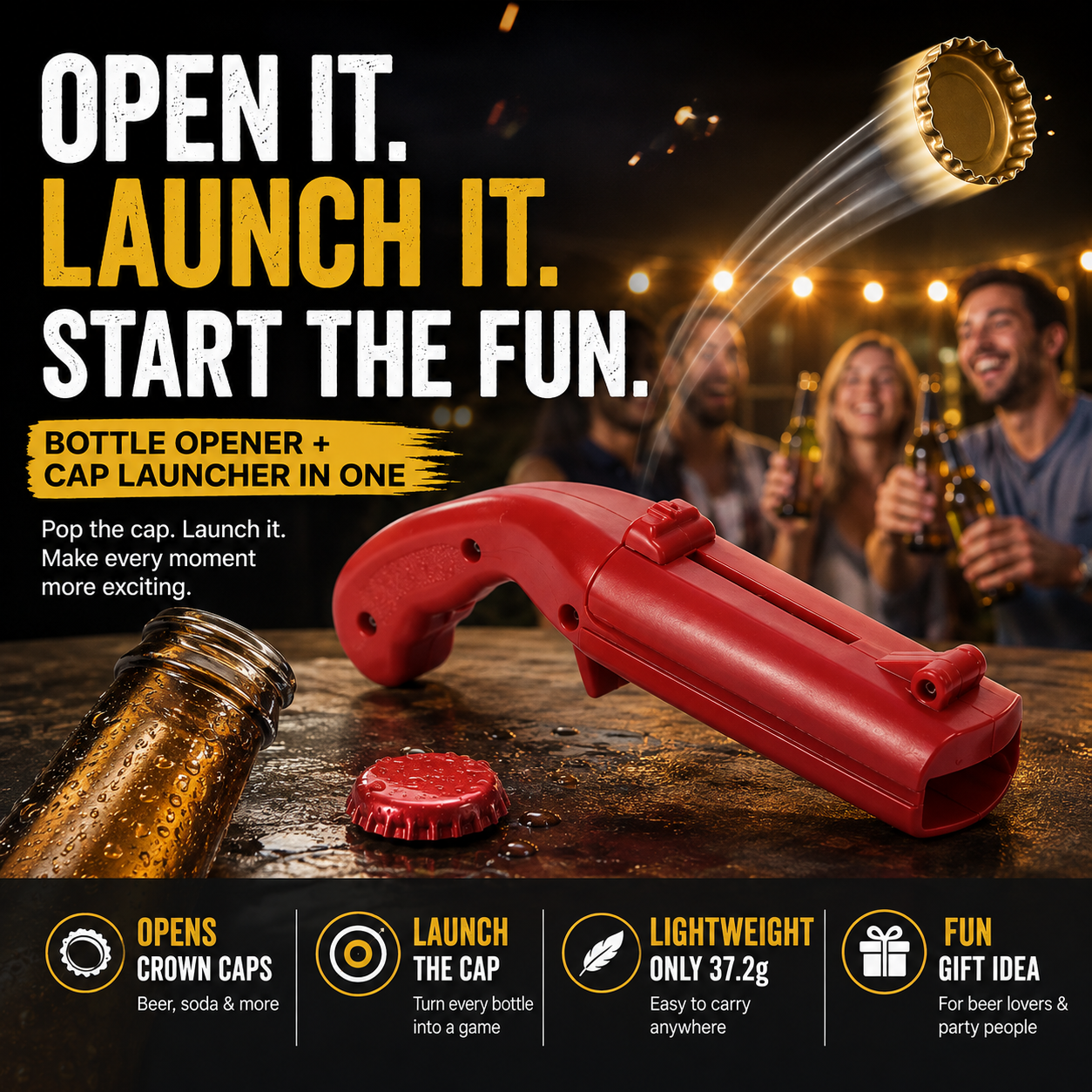 🍺 Bottle Cap Launcher Opener – Pop, Launch & Bring the Fun
