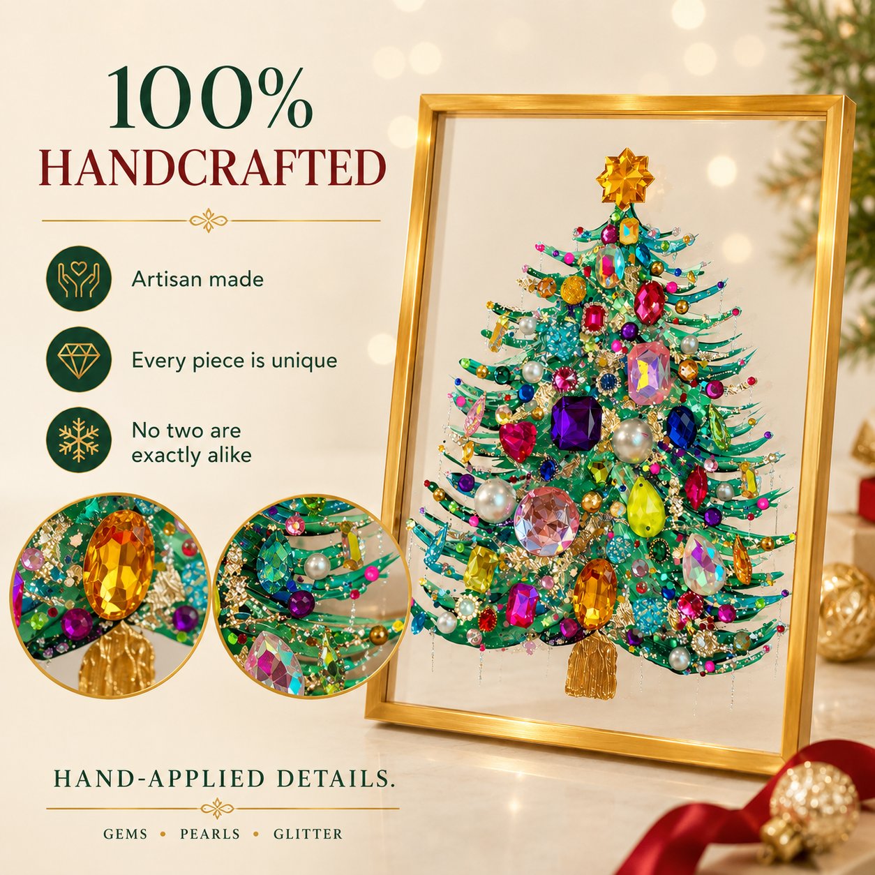 Handmade Gem Christmas Tree Framed Acrylic Art | 8x10 Gold Frame Rhinestone Holiday Decor 🎄✨