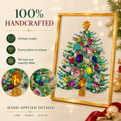 Handmade Gem Christmas Tree Framed Acrylic Art | 8x10 Gold Frame Rhinestone Holiday Decor 🎄✨
