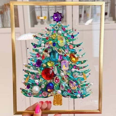 Handmade Gem Christmas Tree Framed Acrylic Art | 8x10 Gold Frame Rhinestone Holiday Decor 🎄✨