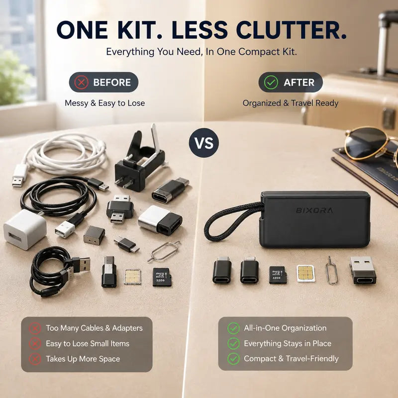 🔌 Pocket Travel Cable Kit – USB-C Cable, 3 Adapters, SIM/TF Storage & Phone Stand