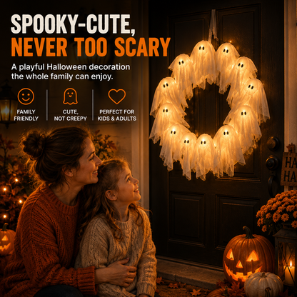 👻 LED Ghost Wreath – 12-Light Halloween Door Decoration