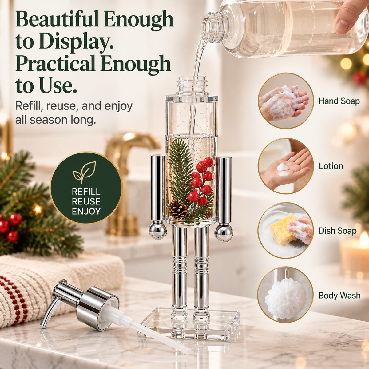 🎄 Nutcracker Christmas Soap Dispenser – Refillable Holiday Pump Bottle
