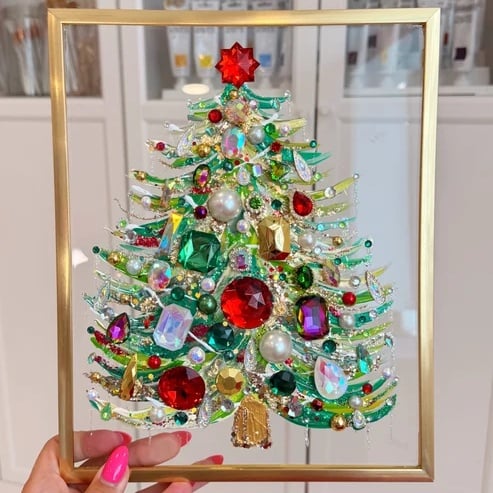 Handmade Gem Christmas Tree Framed Acrylic Art | 8x10 Gold Frame Rhinestone Holiday Decor 🎄✨