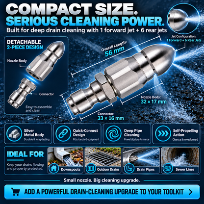 🚿 7-Jet High-Pressure Drain Cleaning Nozzle – 1 Forward + 6 Rear Jets