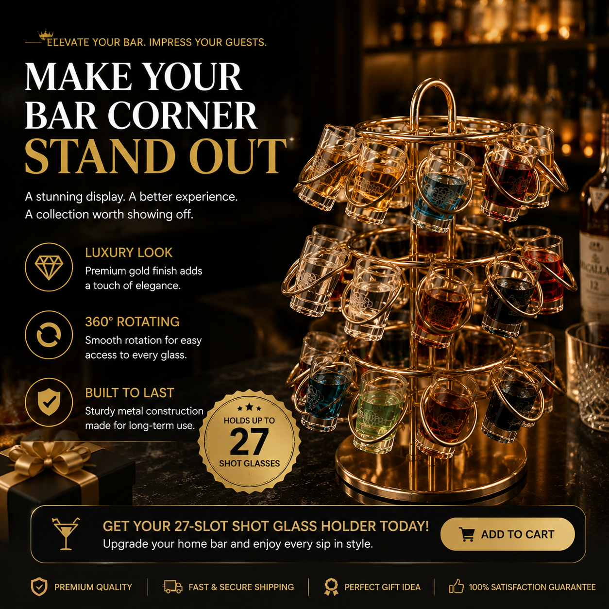 🍸 27-Slot Rotating Shot Glass Holder | Luxury Home Bar Display Rack & Cocktail Decor