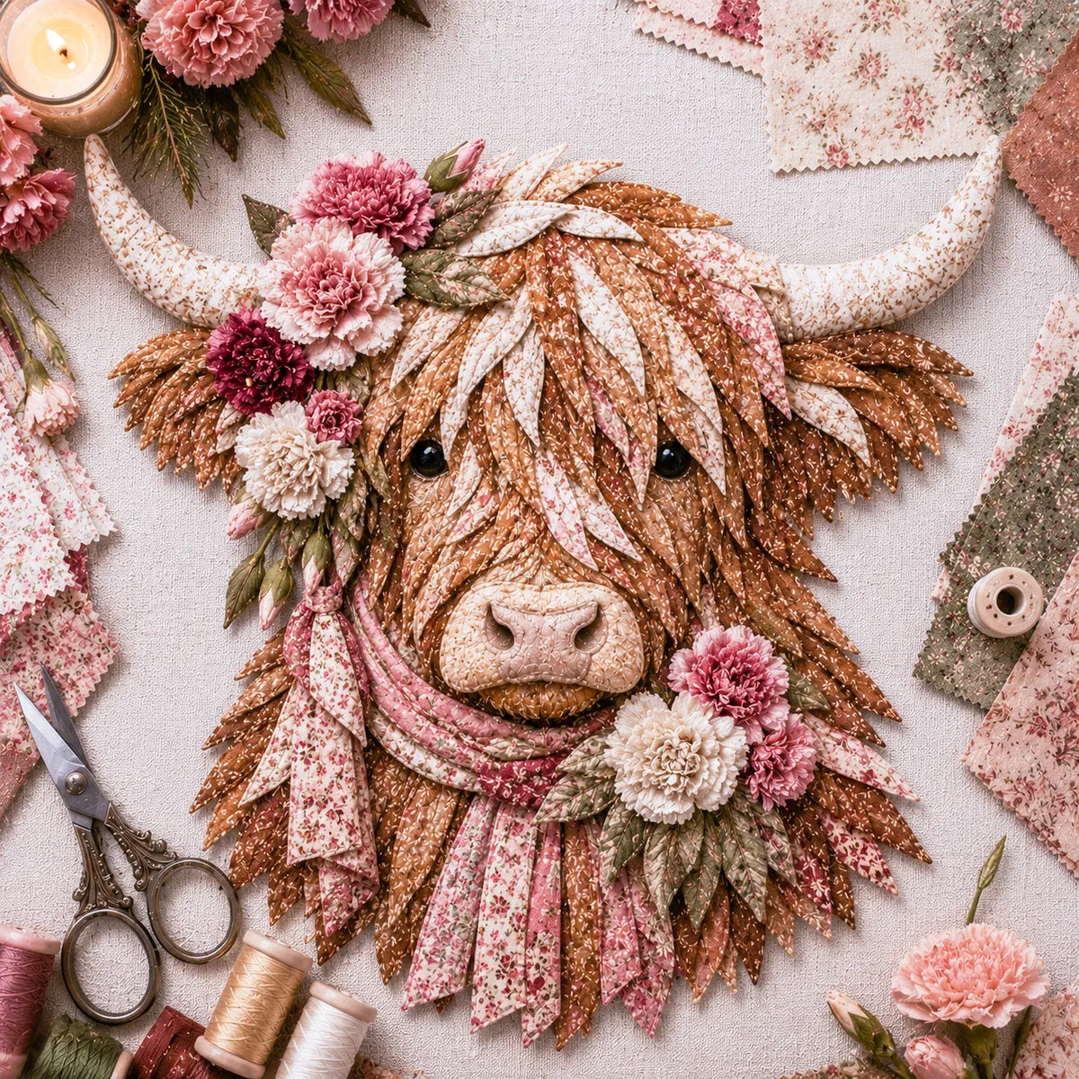 ⏰LAST DAY 49% OFF - 🐮💐🌸 Birth Flower Highland Cow 3D Layered Fabric Art DIY Kit | Complete Kit Included ✂️ Pre-Cut Pieces • Glue or Stitch Your Way • Create a Cozy 3D Highland Cow Decor 💕