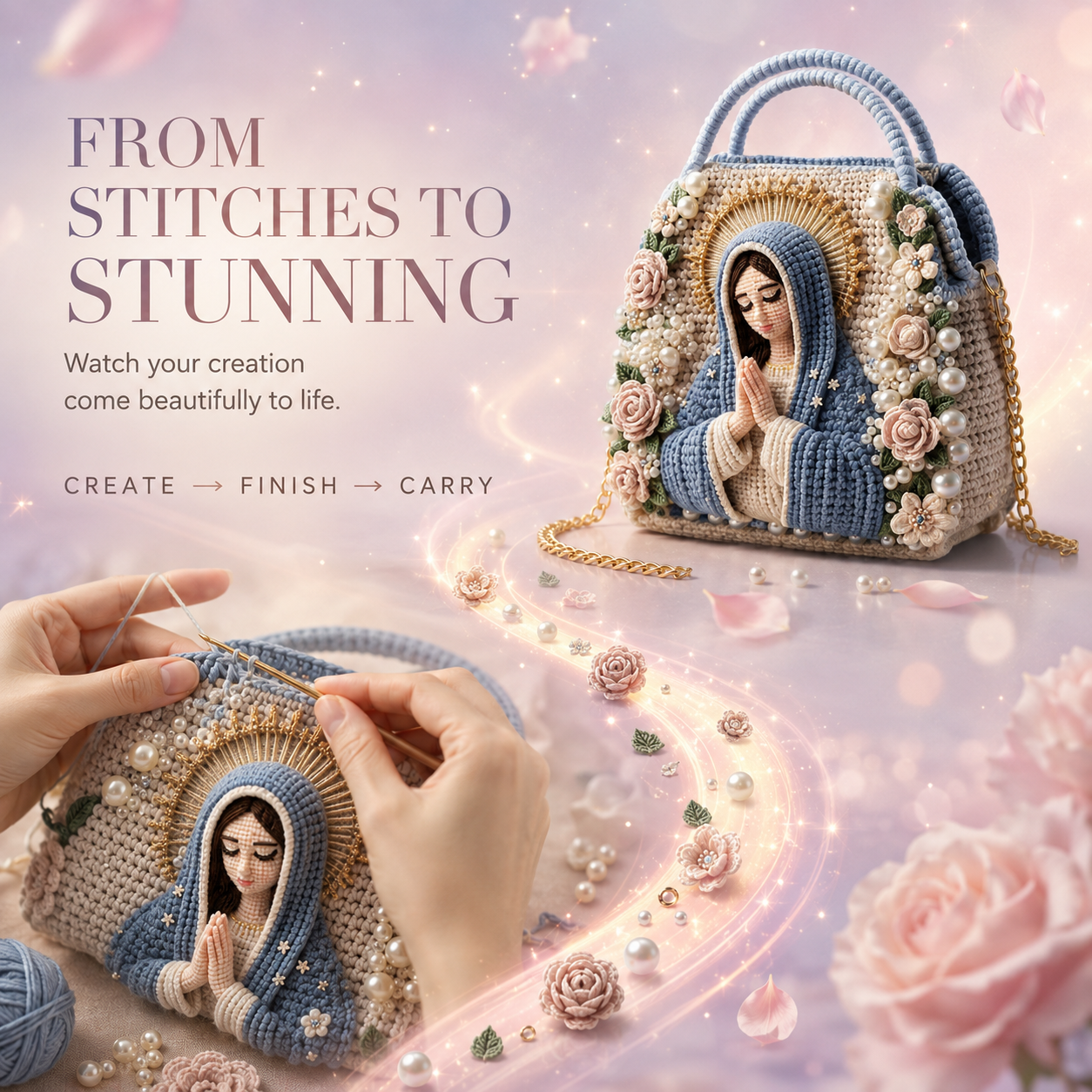 🧶 Dreamy 3D Crochet Handbag DIY Kit – Create Your Own Floral Pearl Purs