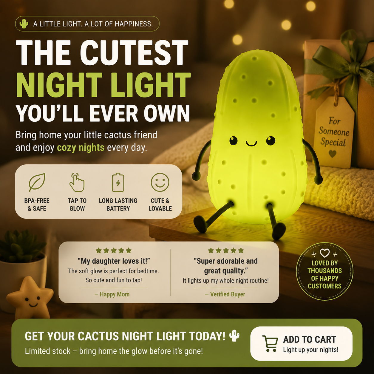 🌵 Cute Cactus Tap Night Light | Soft Silicone Bedside Lamp For Kids & Cozy Room Decor💡