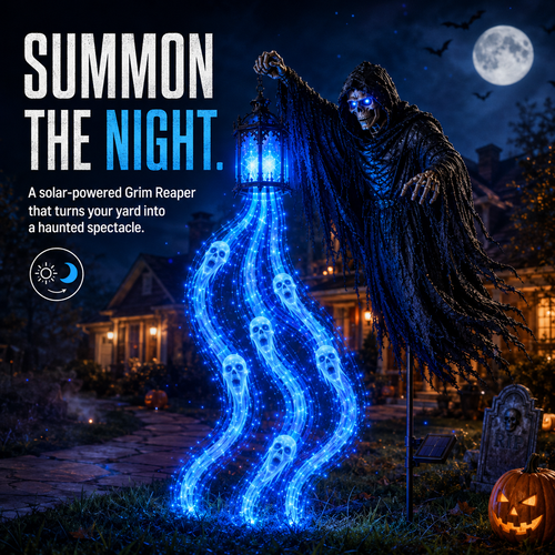 🔥 Today Only: 49% OFF 🔥Solar Grim Reaper Ghost Lantern Yard Stake with Blue LED Lights