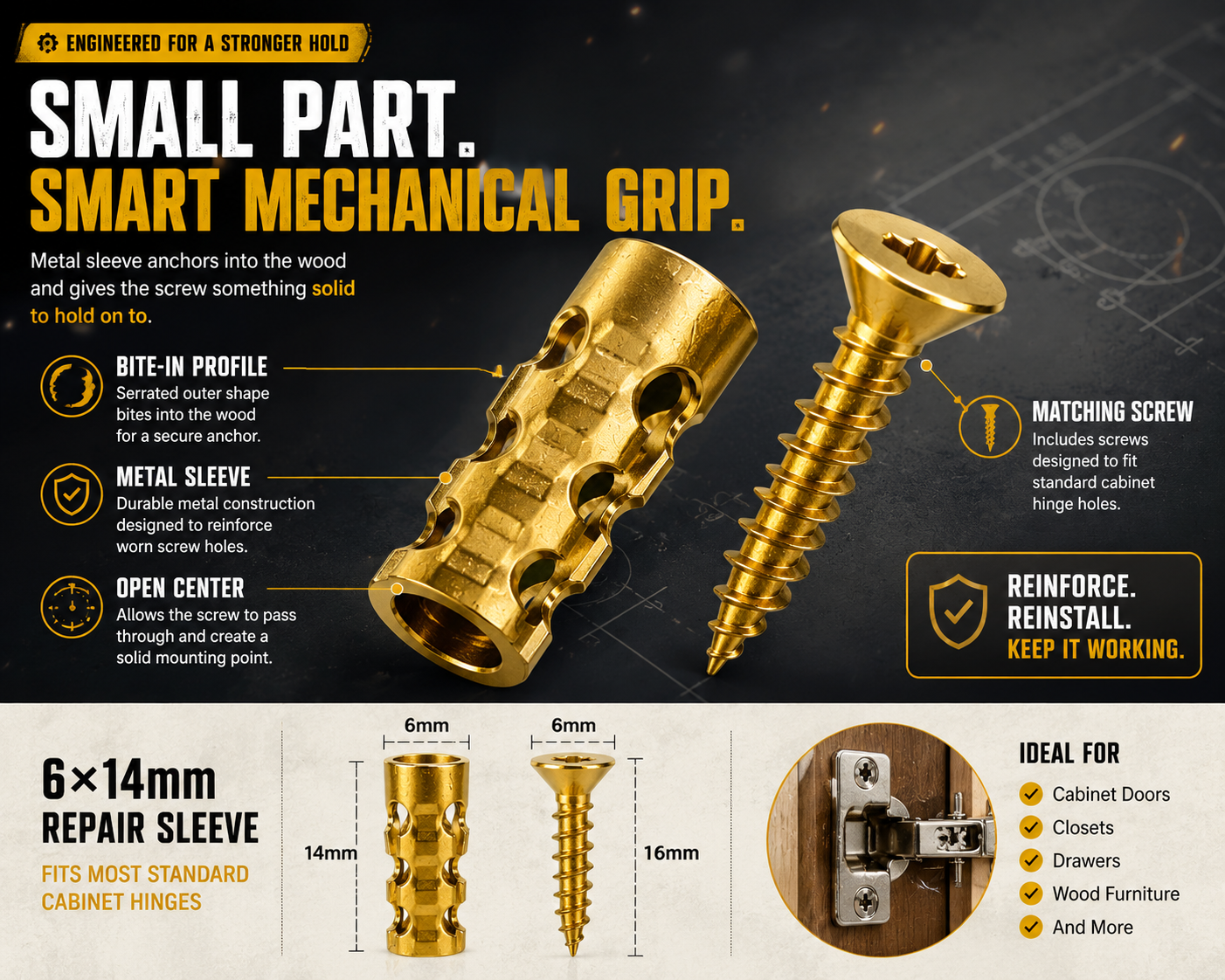 🔩 Stripped Screw Hole Repair Anchors  Restore loose cabinet hinges without moving or replacing them.